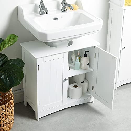 VonHaus Under Sink Cabinet - White Under Sink Bathroom Storage Cupboard - Under Basin Storage Cabinet w/Adjustable Shelf for Cleaning Products, Toiletries & More - Shaker Style Bathroom Furniture