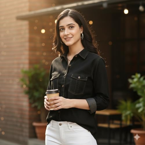 Image of Women's Denim Shirt with Regular Fit Solid Pattern Long Sleeve Collared Neck and Button Down Closure|Women's Denim Shirt