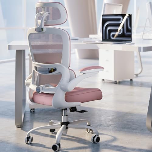 TRALT Silla de oficina de escritorio, de malla, con ruedas, ergonómica, altura regulable, giratoria, color rosa claro