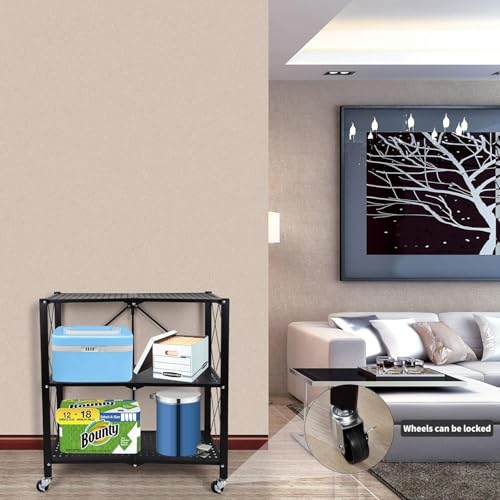 Image of Kitchen Garage Metal Shelves, Storage Shelves Organizer, Foldable Metal Shelving, Closet Shelving Unit, 28 inch W x 14 inch D x 34 inch H Bakers Rack Microwave Stand, Plant Stand with Wheels (3-Tier Shelf)