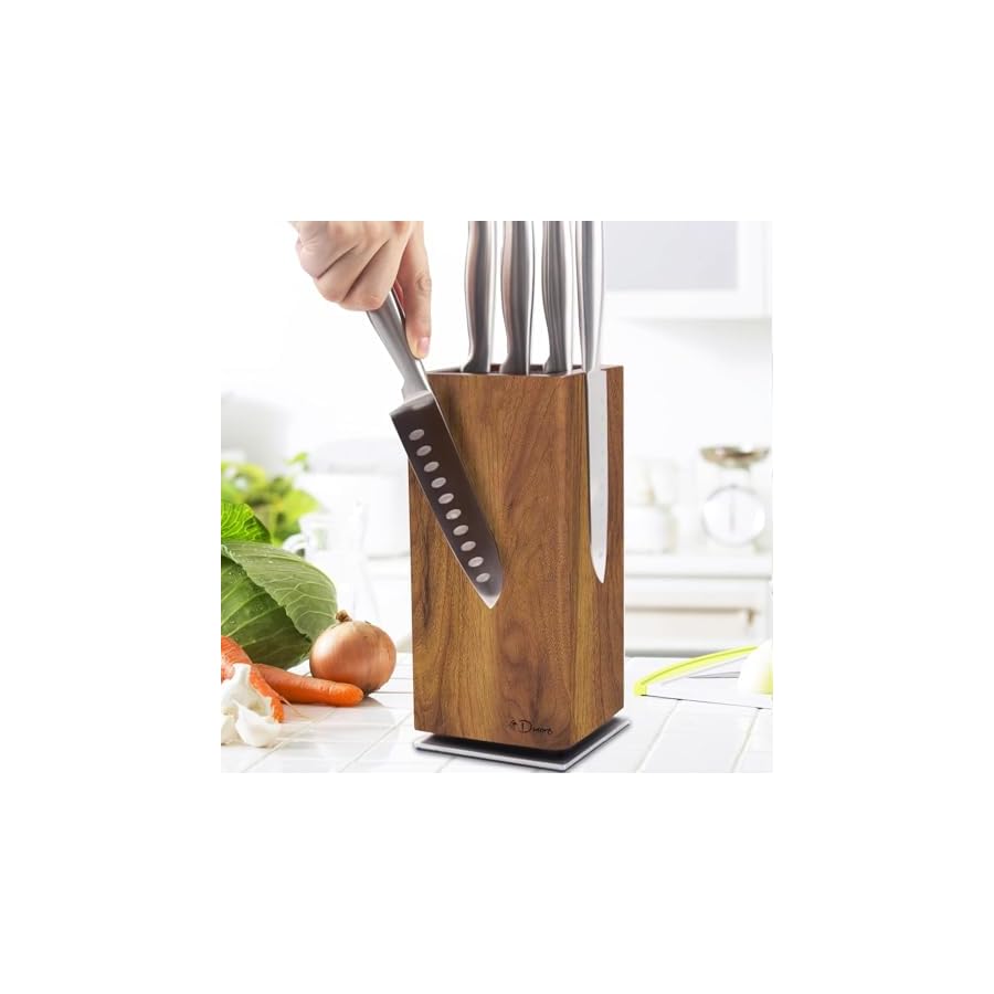 Dmore magnetic knife block without knives, 360° rotatable magnet knife holder stand made of fine acacia wood, Extra Large capacity knife storage for knives and utensils for kitchen counter top