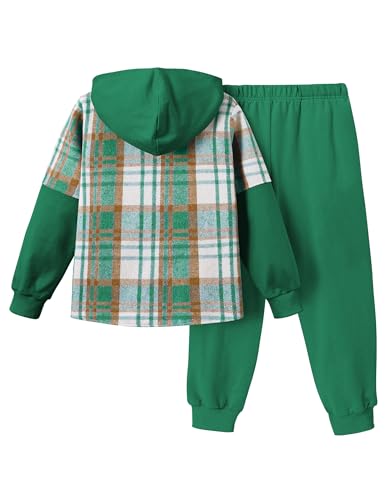 Image of 2Pcs Boys Clothes Sweatsuit Set Hoodie Flannel Plaid Shirt and Jogger Pants for Kids Fall Winter Spring Outfits