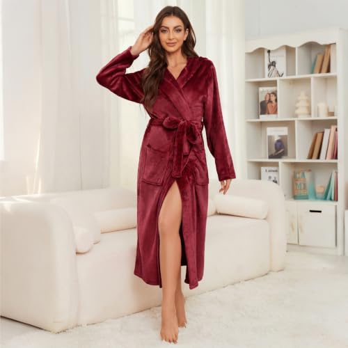 Image of Womens Long Hooded Fleece Robe, Soft Warm Spa Bathrobe for Cozy Lightweight Loungewear