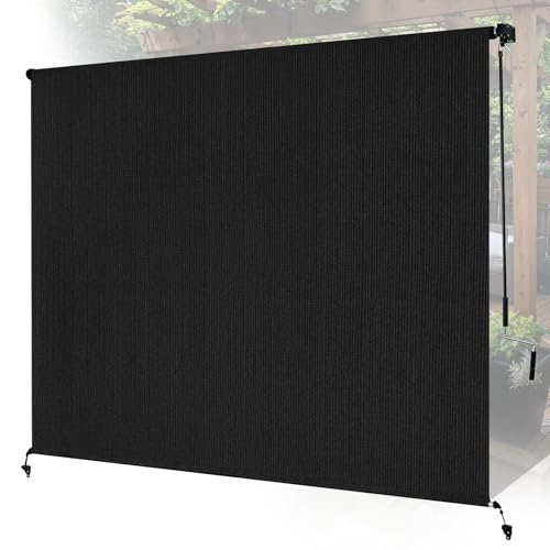 Breezombra 8'W x 8'H Black Patio Shades Roll up Outdoor Roller Shade Crank Wand Blind Cordless, 90% UV Blocking & Privacy Protection for Porch|Gazebo|Pergola|Backyard (2 Splicing Tube, 1 Fabric)