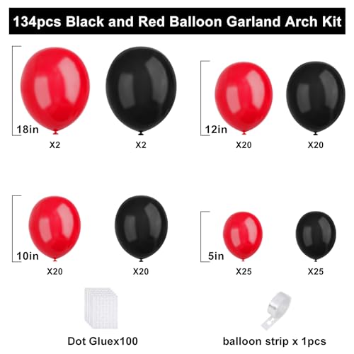 Image of Red Black Balloons Garland Arch Kit, 134pcs Black and Red Party Balloons with Different Size for Graduation, Birthday, Anniversary, BBQ Casino, New Year Party Decorations Supplies