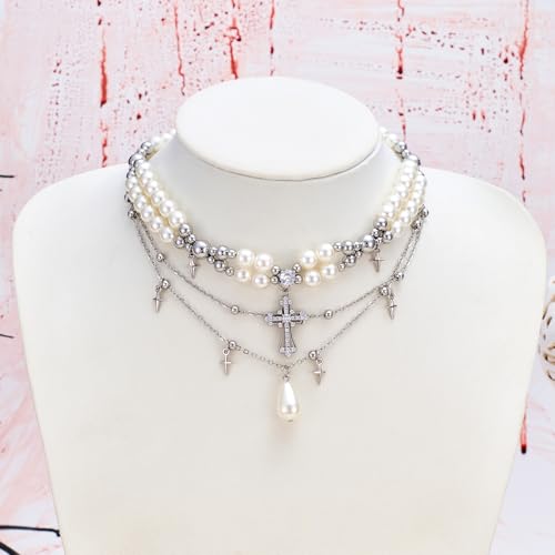 WOWORAMA Gothic Pearl Cross Necklace for Women Layered Pearl Strand Necklaces Vintage Punk Goth Cross Pearls Choker Necklaces Halloween Christmas Gothic Jewelry