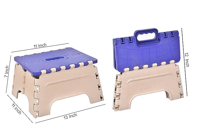 Image of U-MAX 7-Inch Folding Stool - Compact, Portable Step Stool for Kids & Adults, Lightweight Plastic Design, Slip-Resistant, Ideal for Kitchen, Bathroom, Camping & Travel (Blue&Ivory)