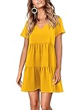 Amoretu Women Deep V Neck Loose Shift Summer Tunic Dress Short Sleeves Yellow S