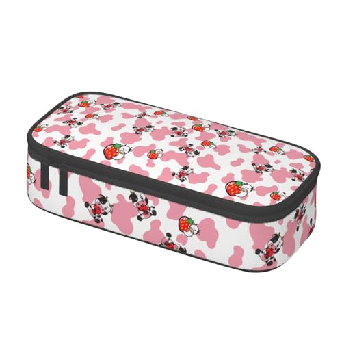 Image of Pink Strawberry Cows Print Large Pencil Case, Pencil Pouch With Zipper Compartments Stationery Pencil Bag For Kids Teens Students School Supplies