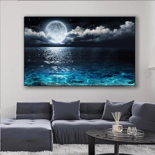 Toile paysage lune sur la mer pour habiller un grand mur vide sans cadre