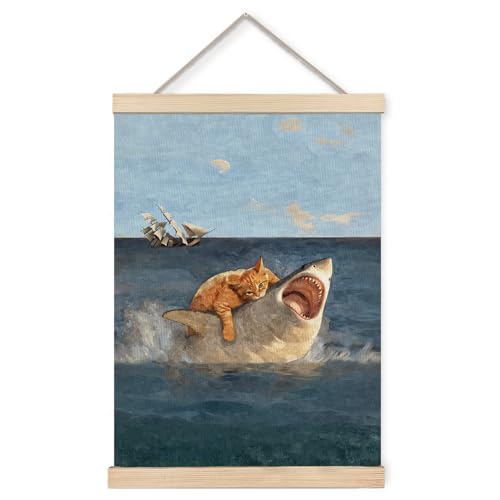 Foritho Funny Renaissance Orange Cat vs Shark Poster Wall Art Framed, Vintage Whimsical Cat Ocean Animal Nautical Oil Painting Canvas Prints Wall Decor for Home Bedroom Office, 12x16 Inch