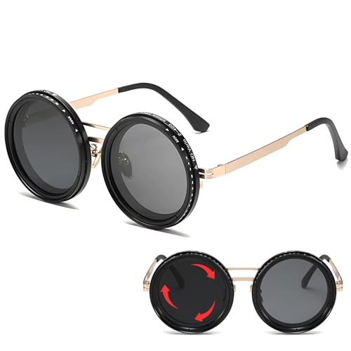 Image of Adjustable Tint Rotating Polarized Round Sunglasses for Men Stylish, Anti Glare Lenses 1-11 Gear UV400 Protection Metal Goggles for Driving Beach Retro Branded Sun Glasses