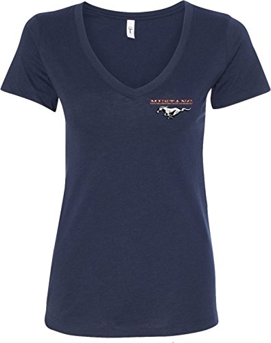 Ladies Ford Tee Mustang Pocket Print V-Neck Shirt, Midnight, 2XL