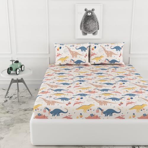 Image of LORETO - A QUALITY LINEN BRAND 144 TC 100% Pure Cotton King Size Fitted Bedsheet with 2 Pillow Covers for 72 x 72 Inch Mattress, All-Around Elastic, 8 Inch Deep Pocket, Coral Blue Dino Party