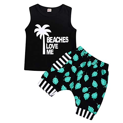 Toddler Baby boy Summer Clothes Beaches Love Me Sleeveless Vest Tops+Shorts Kid Casual Outfits(Black, 6-12 Months)