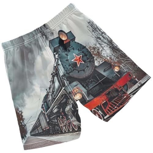 Pigsaly Boys' Swim Board Shorts 3D Old Black Soviet Steam Train Boy's Swim Trunks Kids Swimwear M2