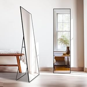 Delma Wall Mirror Full Length Mirror,Standing Mirror Full Body,Large Floor Mirror for Wall Door Bedroom Bathroom Living Room with Aluminium Frame(with Stand,56×15-Black)