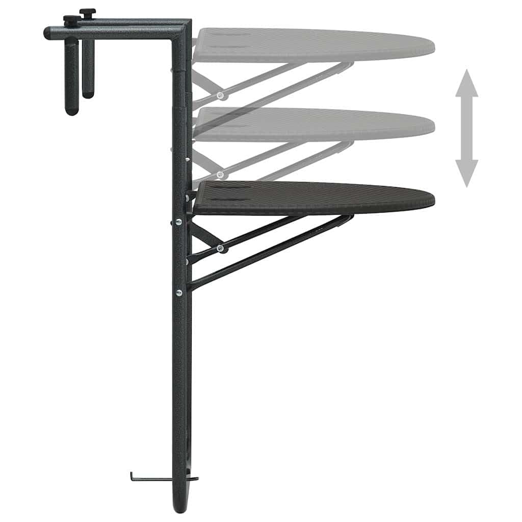 Table suspendue de balcon marron 60 x 64 x 83,5 cm en plastique aspect rotin, table d'appoint pliable avec structure en acier réglable en hauteur pour boissons et outils de jardin