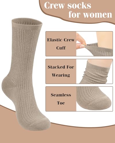 Image of YSense Women's Cotton Crew Socks 6 Pairs, Long Cute Aesthetic Neutral Athletic Boot Socks for Women Stocking Stuffers Gifts