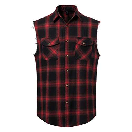 Mens Sleeveless Plaid Shirt Casual Flannel Button Down Shirts Loose Fit with Pocket