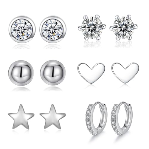 Aucuu 6 Pares Pendientes de Tuerca de Plata, Pendientes Piercing Oreja 925 para Mujer, Pendientes de Aro de Amor con Circonita Estrella, Regalo de Día de La Madre con Cajas-Plata