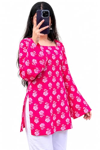 Image of Women's Rayon Printed Short Kurti | Straight Fit Casual Ethnic Top | Square Neck Full Sleeve Ladies Kurti Office College