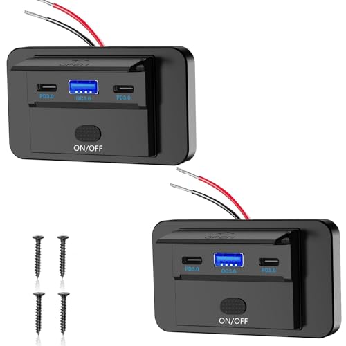 Intckwan 12V USB-Steckdose 90W Dreiport-Ladegerät mit simultaner Schnellladung (QC3.0 + 2xPD) und EIN-/Ausschalter USB-Einbaubuchse für 1224V Auto LKW Boote Wohnwagen (2 Stück)