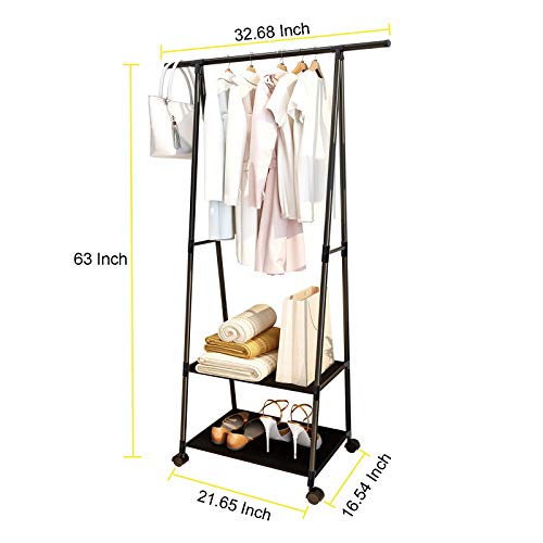 Clothes Rack Clothing Drying Rack, Rolling Garment Rack For Hanging Clothes, Small Industrial Metal Pipe Stand Coat Racks On Wheels With 2 Tier Shelves For Bedroom, Laundry, Entryway And Living Room #TOP3
