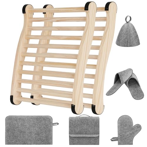 Sauna Backrest Infrared 2 Pack, S-Shaped Comfort Design Wood Non-Toxic Anti-slip Sauna Chair with Back, with Slip-Resistant Pads and Sauna Accessories Five-Piece Suitable for Bucket and Infrared Sauna