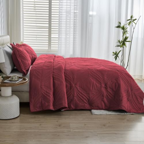 Image of Kingnex Oversized King Bedspreads 128x120 Ultrasonic Quilted Burgundy | Extra Wide Coverlet for Tall Split King Adjustable Bed or Cal King Size, 3 Piece Include 1 Quilt, 2 King Size Pillowcases