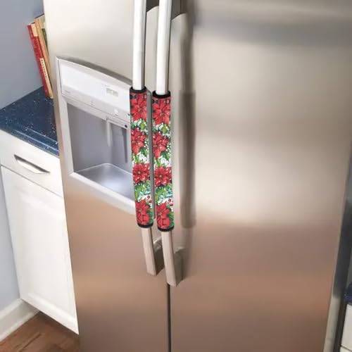 Image of Christmas Refrigerator Handle Covers, Red Poinsettia Flower Refrigerator Door Handle Covers Kitchen Appliance Decor Handles Anti-Skid Microwave Oven Stove Dishwasher Handle Protector 6 Pack