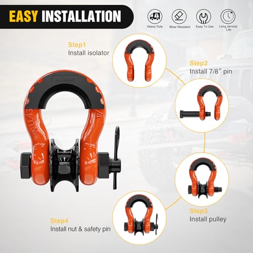 Image of Nilight 3 /4 inch D-Ring Shackle w /Snatch Block (2 Pack) 9,500 lb Working Load, 2-in-1 Heavy‑Duty Towing Pulley w /Isolator for Off‑Road Recovery, Winch Cable & Rope, Truck Jeep ATV UTV Tractor, Orange