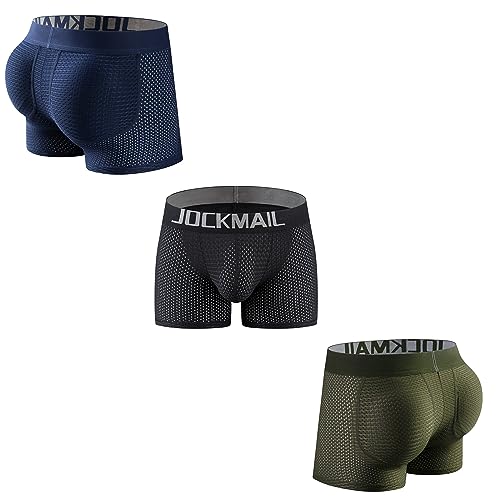 JOCKMAIL Mens Padded Boxer Brief for Enhancing Buttocks Male Underpants with Sponge Padding Panties 3 Pack