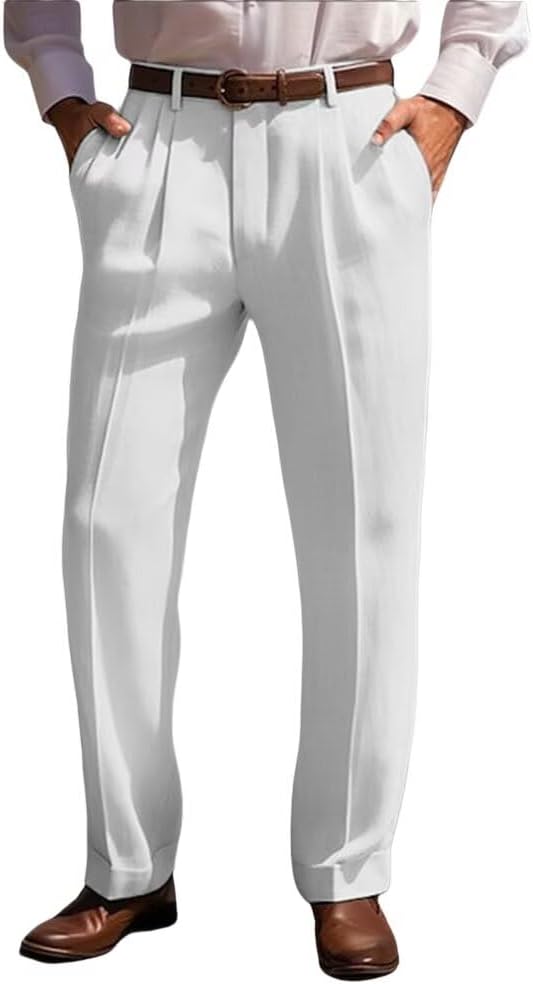 Men's Linen Casual Pants Adjustable Waist Straight Leg Pants Rolled Hem Breathable Summer Beach Vacation Trousers