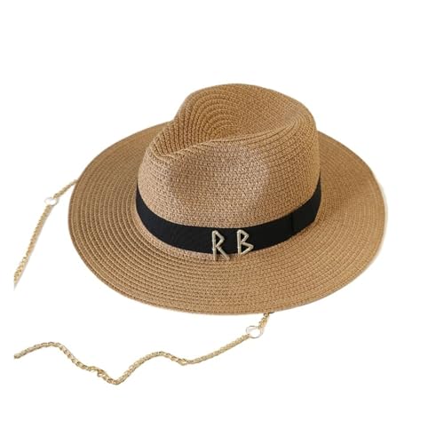 Fashionable Metal RB Letter Straw Hat Unisex Summer Outdoor Beach Sun Cap Women Men Panama Paper Straw Wide Brim(Khaki)
