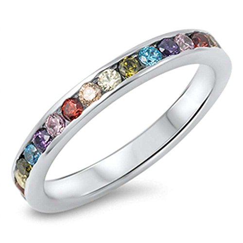 Oxford Diamond Co Multicolor Simulated Gemstones Eternity Band .925 Sterling Silver Ring Size 9