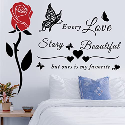 Vinyl Wall Stickers Lettering Saying Every Love Story is Beautiful But Ours is My Favorite Wall Decals Love Quotes Rose Flower Wall Sticker for Living Room Bedroom Sofa Backdrop Tv Wall Background Home Decorations.