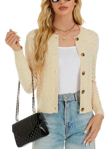 Image of Women's Long Sleeve Cropped Knitted Sweater Cardigan Button Down Open Front Knitted Shrug Sweaters