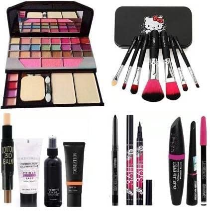 Girls Choice TYA 6155 Multicolor Makeup Kit + 7 Black Makeup Brush + 3in1 Eyeliner, Mascara, Eyebrow Pencil + 36H + Matte Fixer + Primer + Foundation + Contour Stick + Kajal Pencil - (Pack of 17)