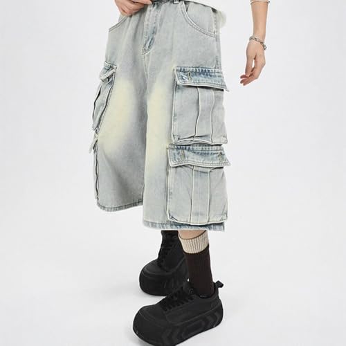 Retro Casual Jeans American high Street Fashion Light Blue Washed Loose Wide Leg Multi Pocket Cargo Pants Unisex4