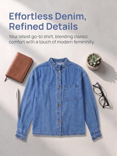 Flowyair Womens Denim Shirt Casual Button Down Ruffle Jean Fall Tops - image 7