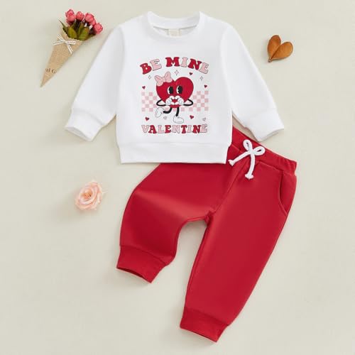 Thorn Tree Toddler Girl Valentines Day Clothes Set Bow Heart Printed Sweatshirt Solid Long Pants Winter Spring Outfits2