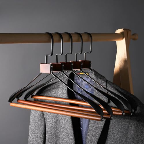 ZIVOL 洋服ハンガー木製パンツハンガーウッドスカート ムハンガー調節可能なクリップ付き、プレミアム 、 コートハンガ 北欧スタイル無垢材メタルフュージョン 360°回転ノンスリップU型カン (ワイドショルダー ブラック,5個)