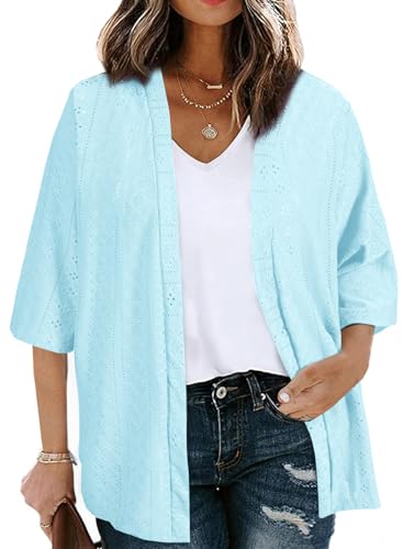 Image of Eytino Plus Size Cardigan for Women Half Sleeve Knitted Jacquard Summer Kimono Cover up Tops(1X-5X)
