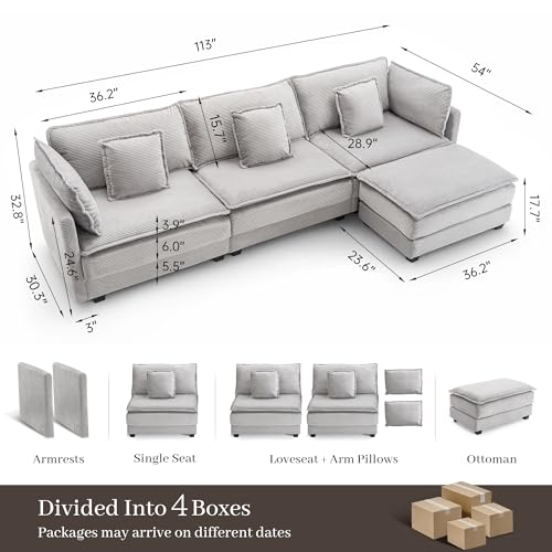 Image of Corduroy Sectional Couch, 3 Seater 113 inch L Shaped Cloud Couch with Ottoman, Modular Deep Seat Sofa with Pillows for Living Room, Apartment, Lightgrey