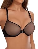YANDW Sexy Womens Mesh Front Closure Racerback Bras for Women See Through Plunge Non Padded Unlined Sheer Demi Bra Underwire Black,42D