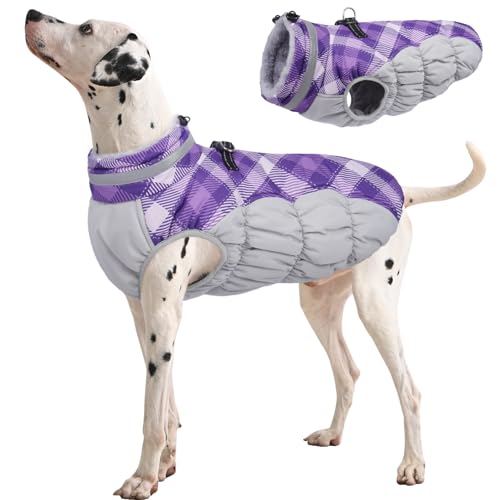 FUAMEY Dog Coat for Large Dogs,Waterproof Dog Winter Jacket with Harness Built in Puppy Cold Weather Coats Reflective Pet Vest with Zipper Warm Fleece Dogs Snowsuit Windproof Purple Plaid XL