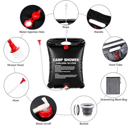 Ducha portátil para camping, bolsa de ducha impermeable de 20 litros con cubo plegable y kit para actividades al aire libre miniatura 4