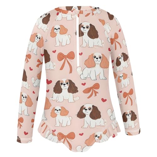 Pink Bows Dog Girls Long Sleeve Swimsuit Rash Guard One Piece Bathing Suits Zipper 3-12T2