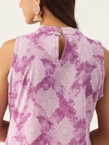 Image of feranoid Unique Printed Choker Neck Back Button Sleeveless Long Kurti